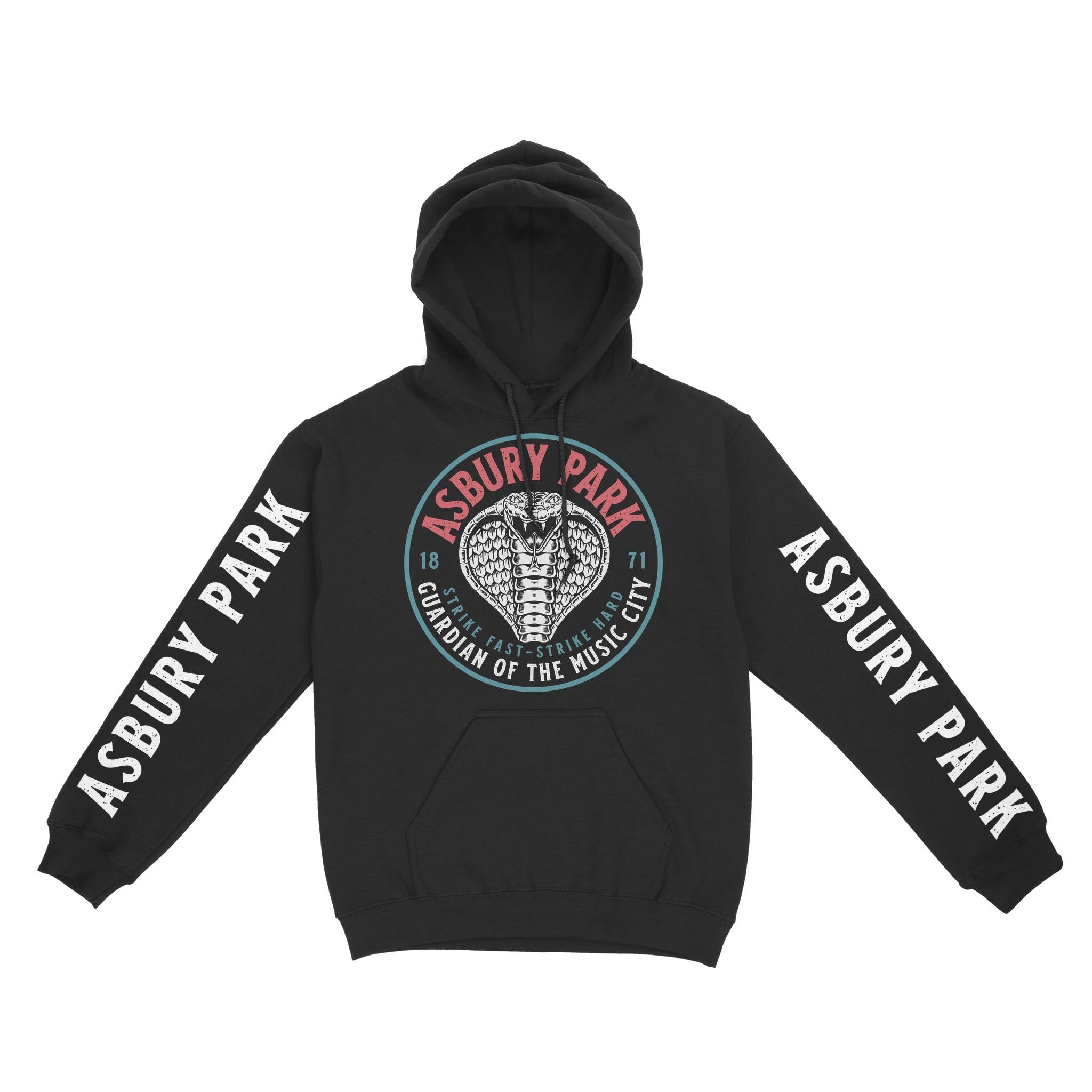 Asbury Park Cobra Kid Hoodie in Black - front with sleeves view