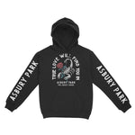 Asbury Park Scorpion Rose Hoodie in Black - front with sleeves view