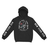 New York Scorpion Rose Hoodie in Black - front view with sleeves