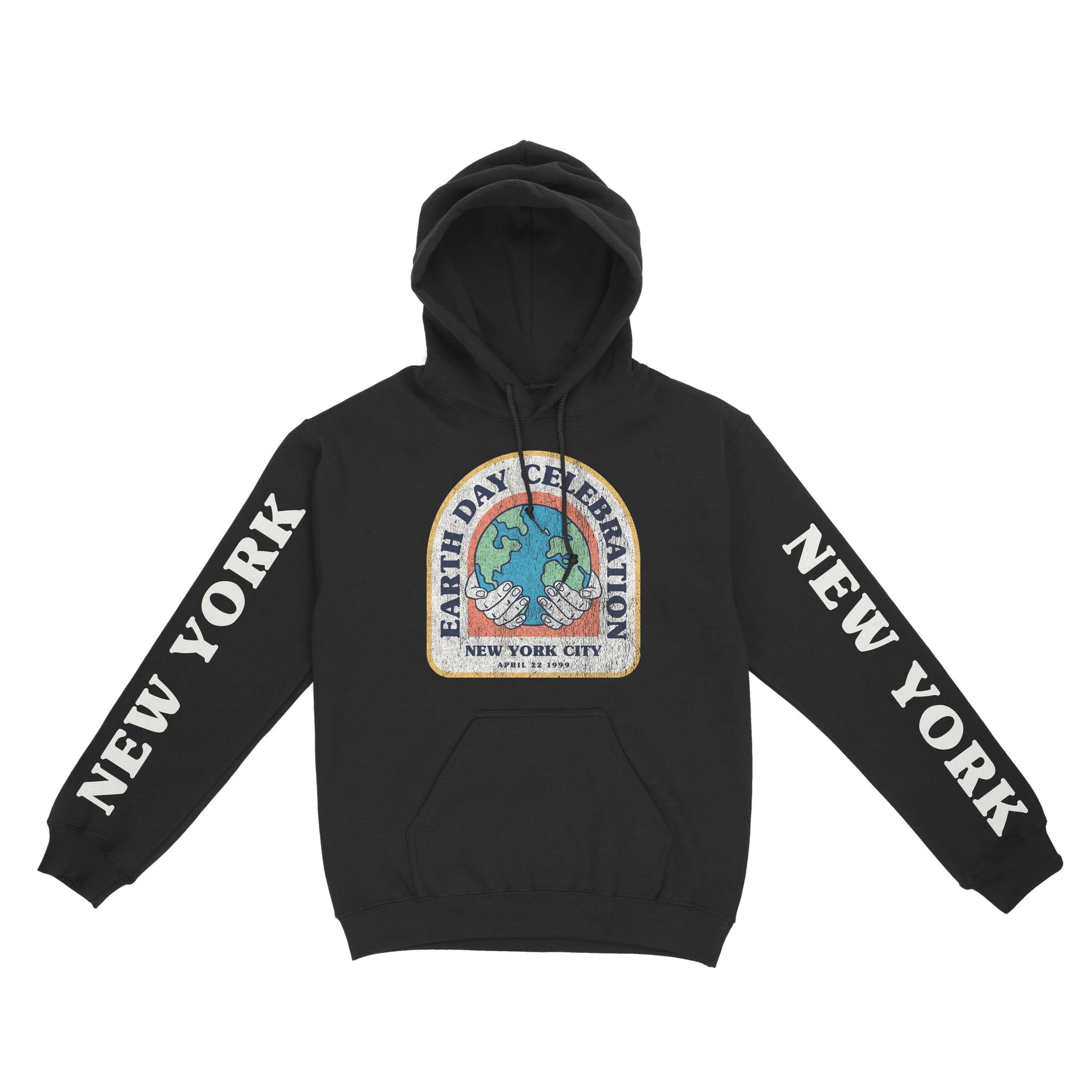 New York Earth Day Hoodie in Black - front view with sleeves