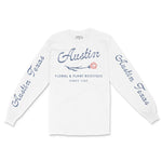 Austin Floral Shop Longsleeve in White - front view with sleeves