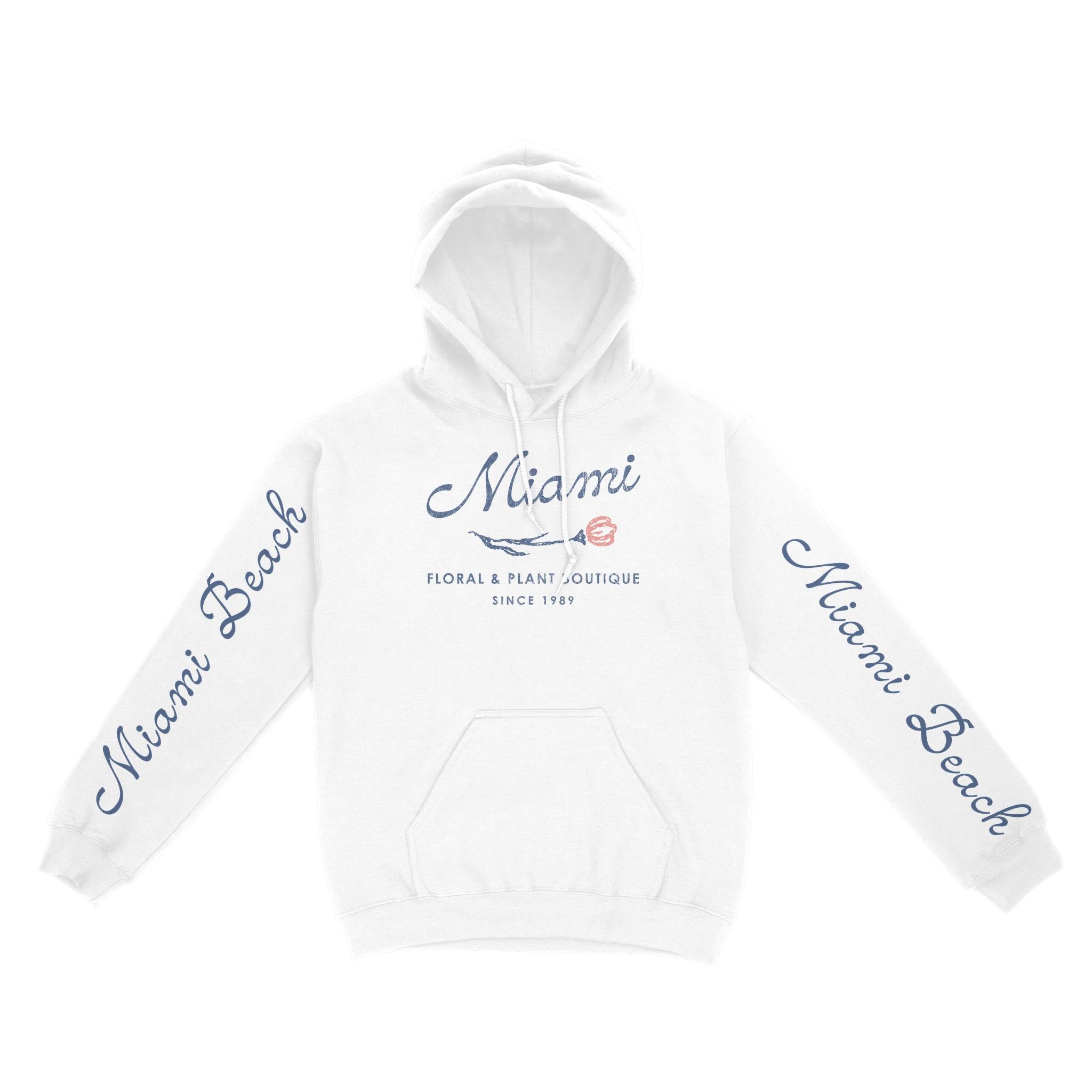 Miami Floral Shop Hoodie in White - front view with sleeves