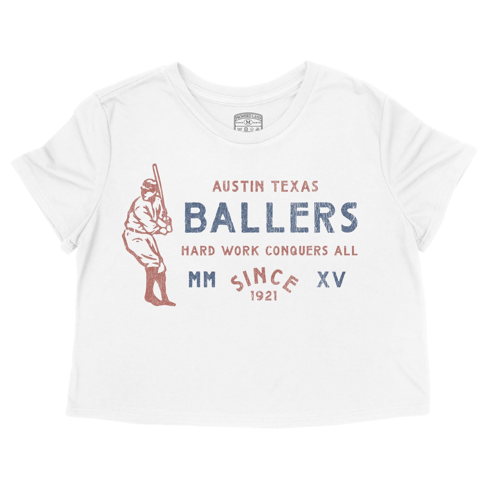 Austin Baseballer Cropped Tee White front