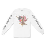 New York Eagle Flag Longsleeve in White - front with sleeves view