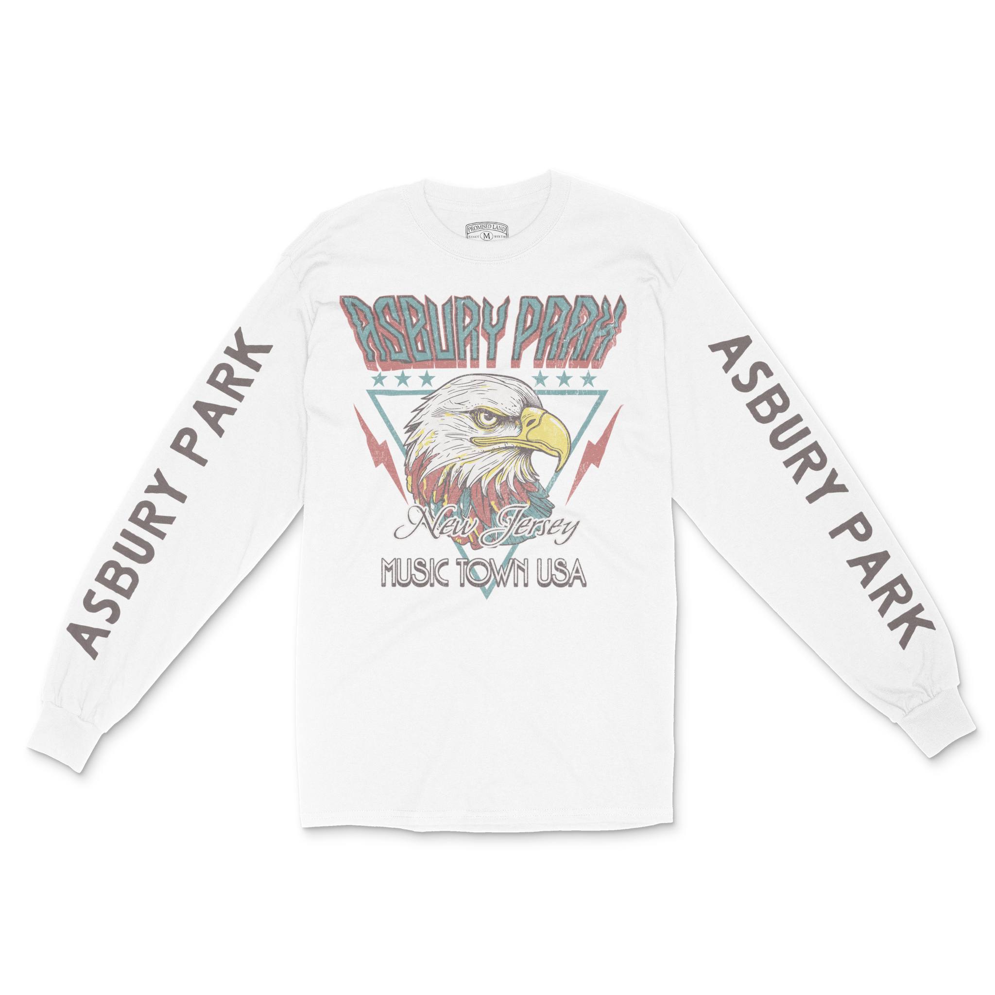 Asbury Park Americana Eagle Longsleeve in White - front with sleeves view