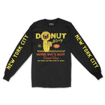 New York Donut Worry Longsleeve in Black - front view with sleeves