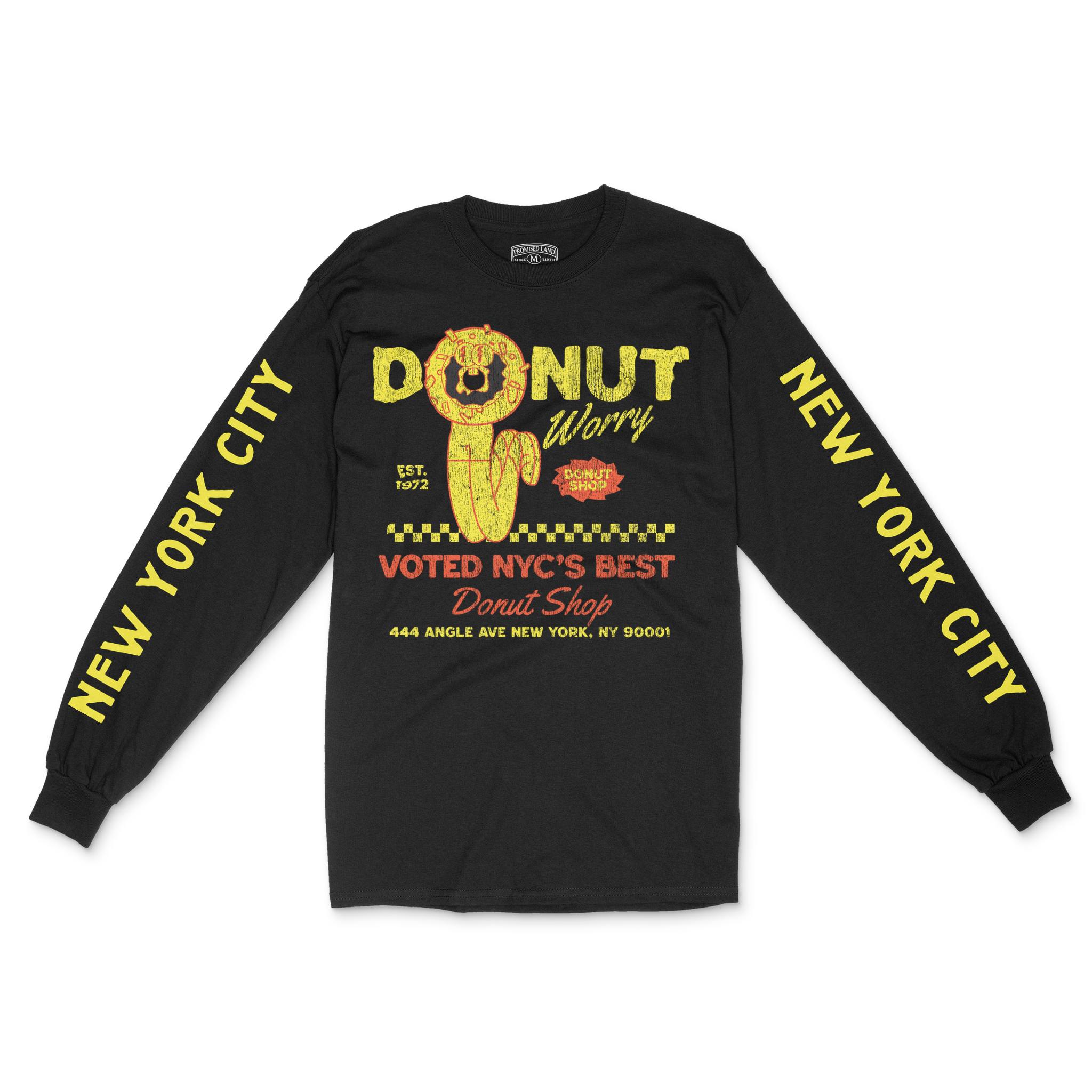 New York Donut Worry Longsleeve in Black - front view with sleeves