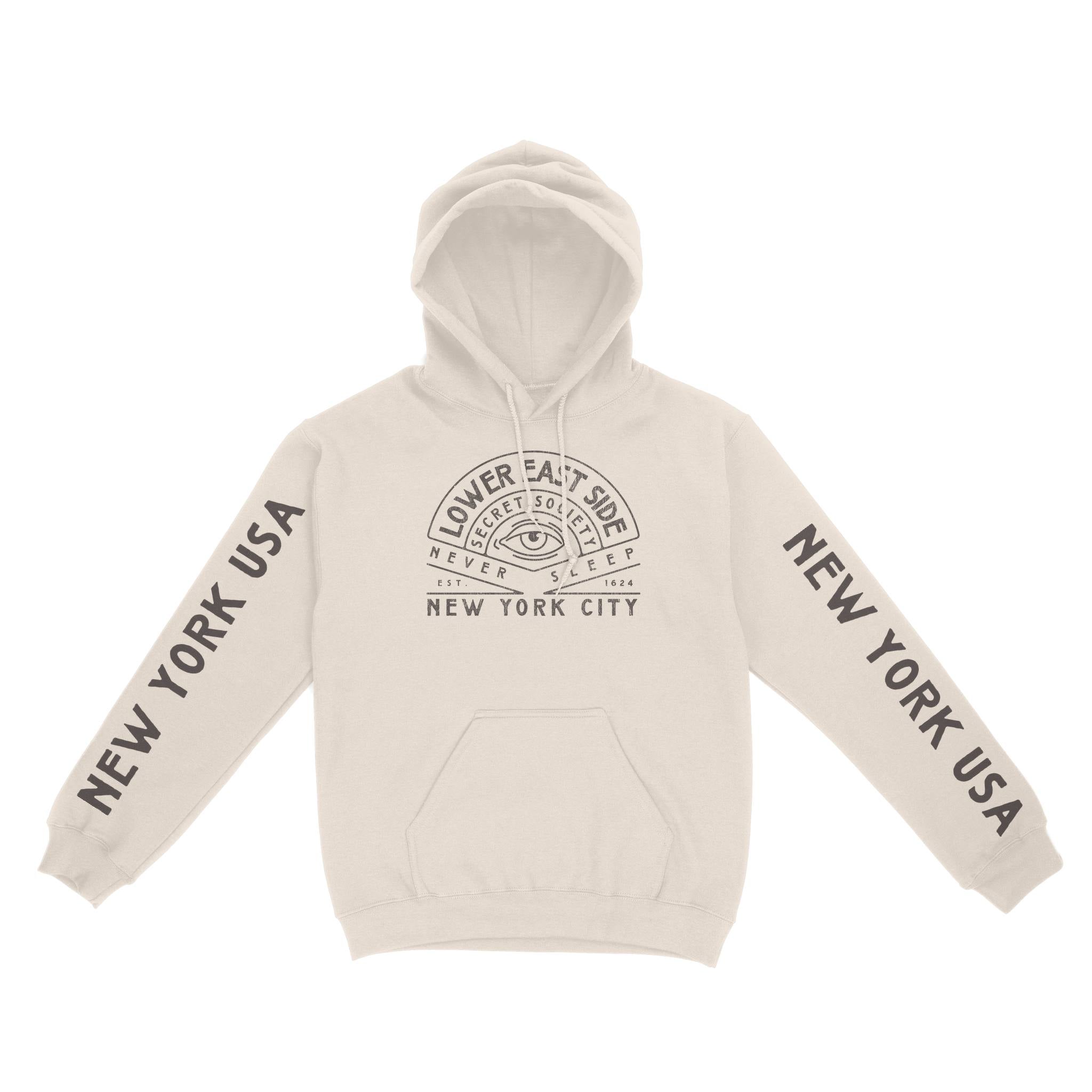 New York Secret Society Hoodie in Natural - front view with sleeves