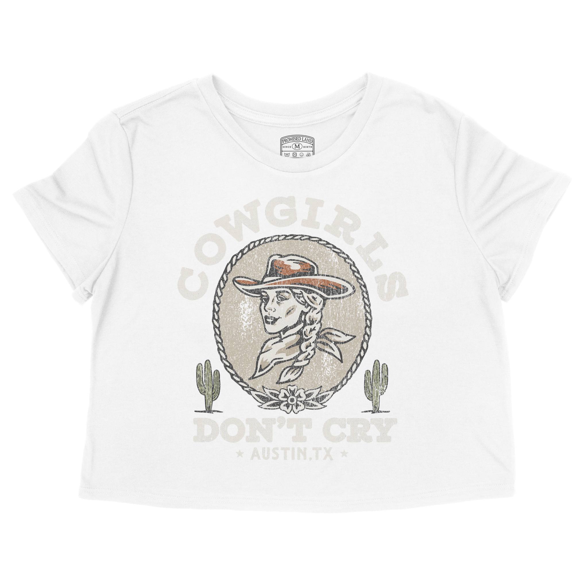 Austin Cowgirl's Don't Cry Cropped Tee in White - front view
