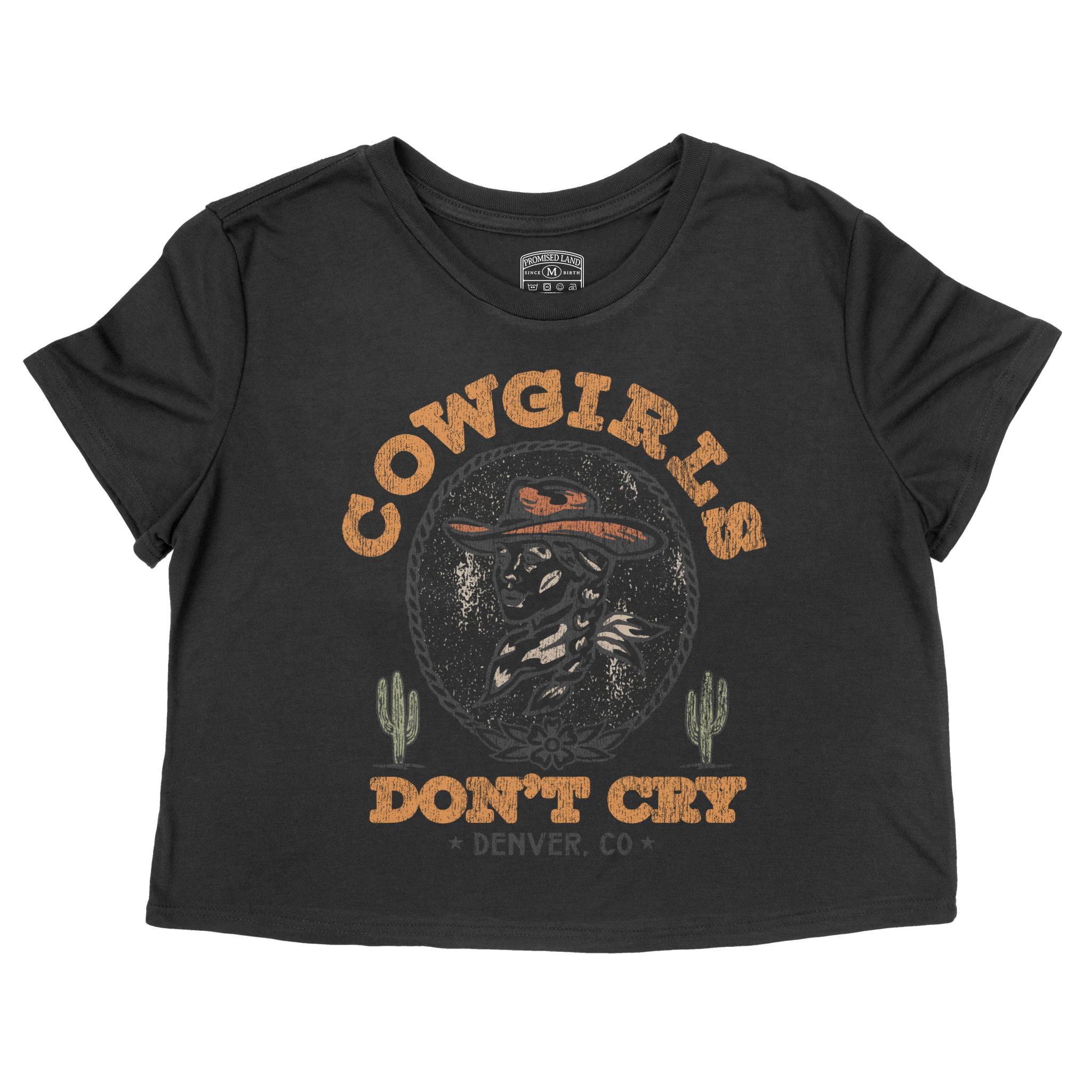 Denver Cowgirl's Don't Cry Cropped Tee in Black - front view