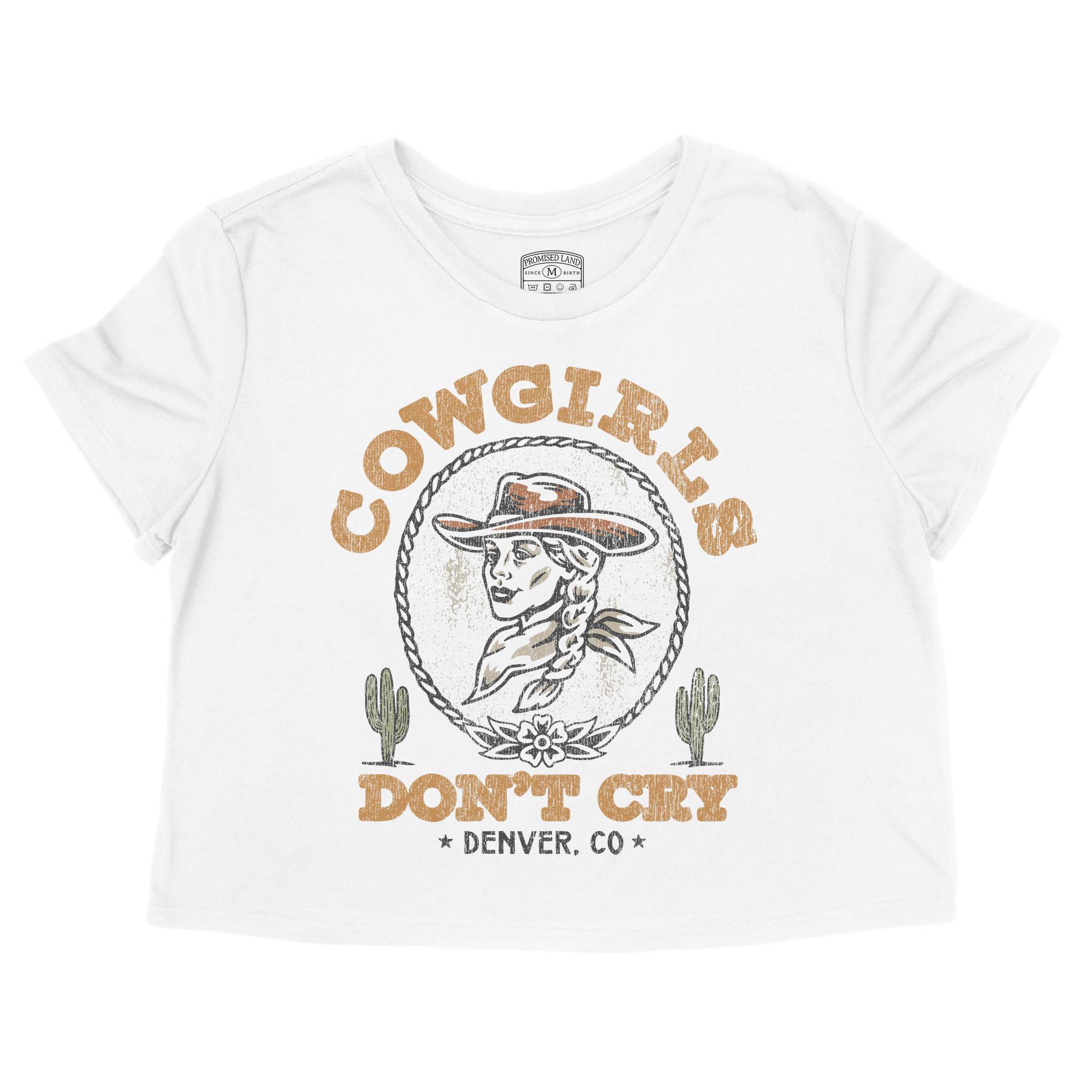 Denver Cowgirl's Don't Cry Cropped Tee in White - front view