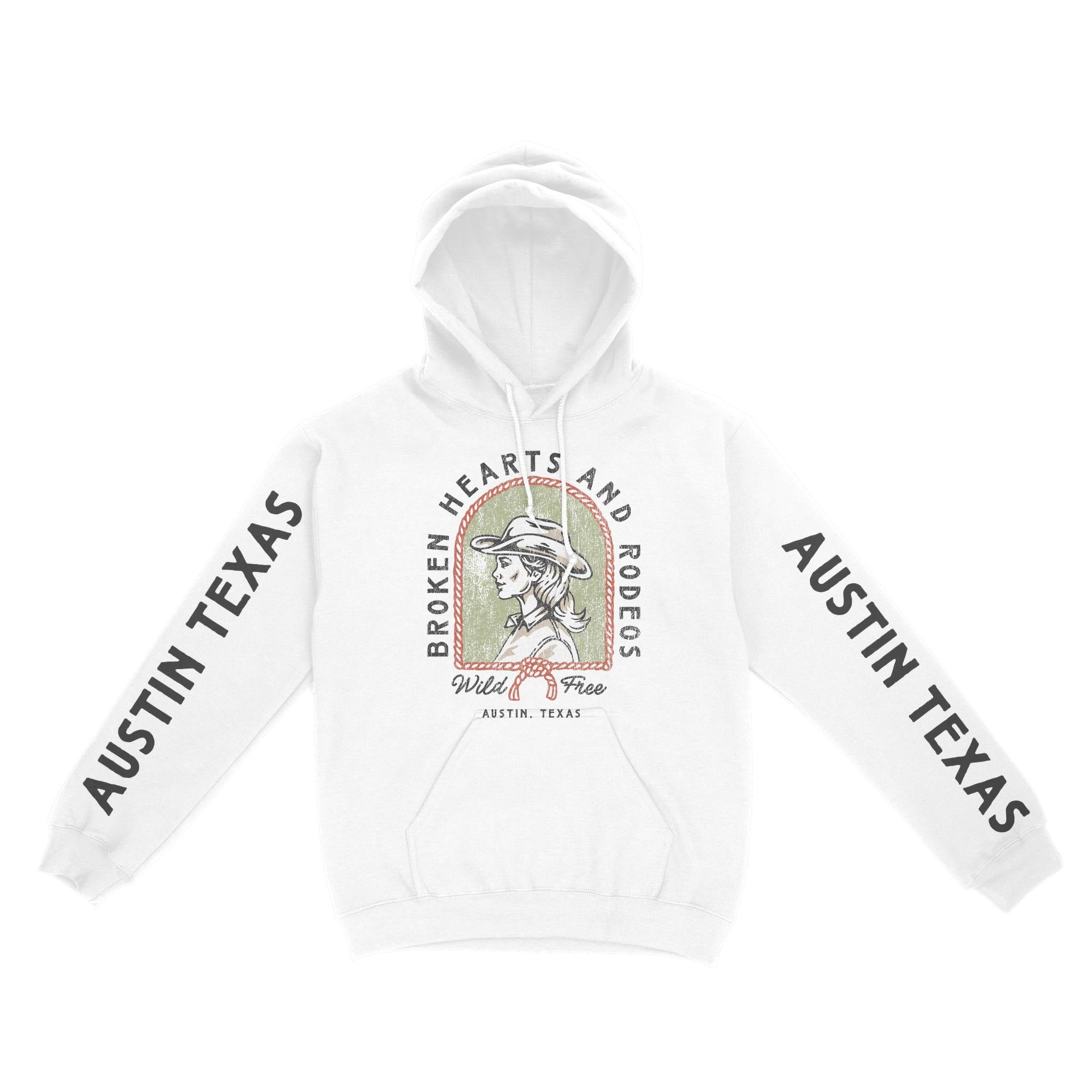 Austin Western Hearts Hoodie in White - front view with sleeves