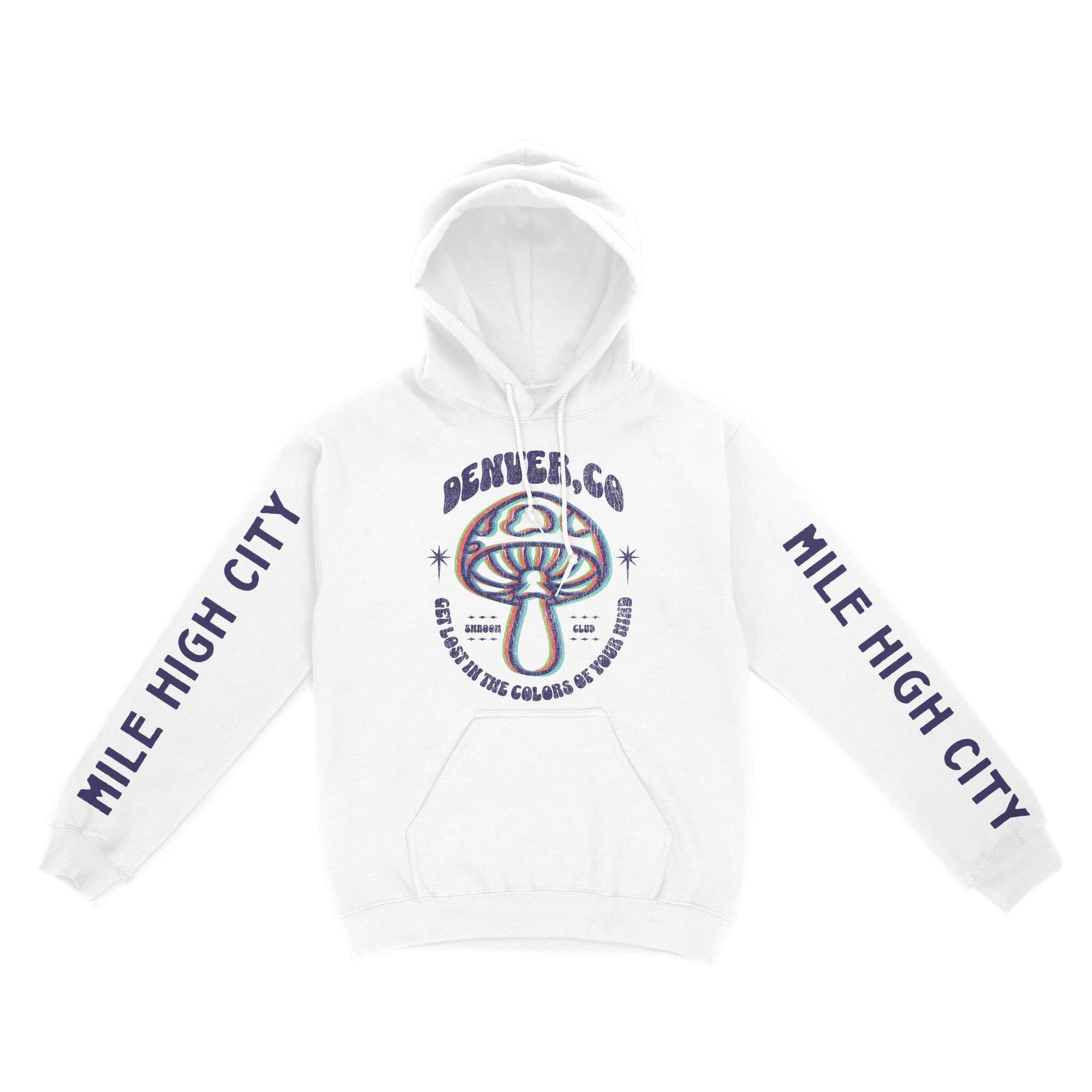 Denver Psychedelic Hoodie in White - front view with sleeves