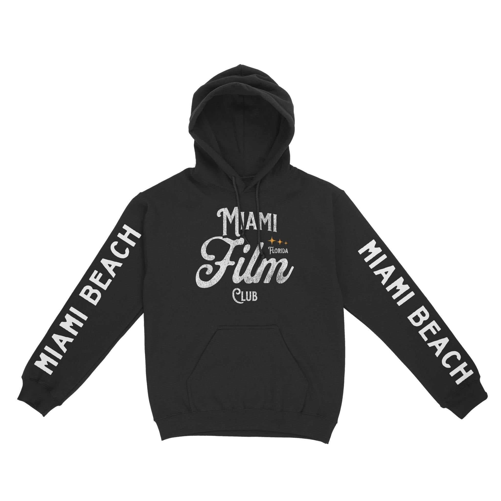 Miami Film Club Hoodie in Black - front view with sleeves