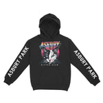 Asbury Park Retro Kitten Club Hoodie in Black - front with sleeves view