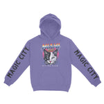 Miami Retro Kitten Club Hoodie in Violet - front view with sleeves