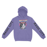 Miami Retro Kitten Club Hoodie in Violet - front view with sleeves