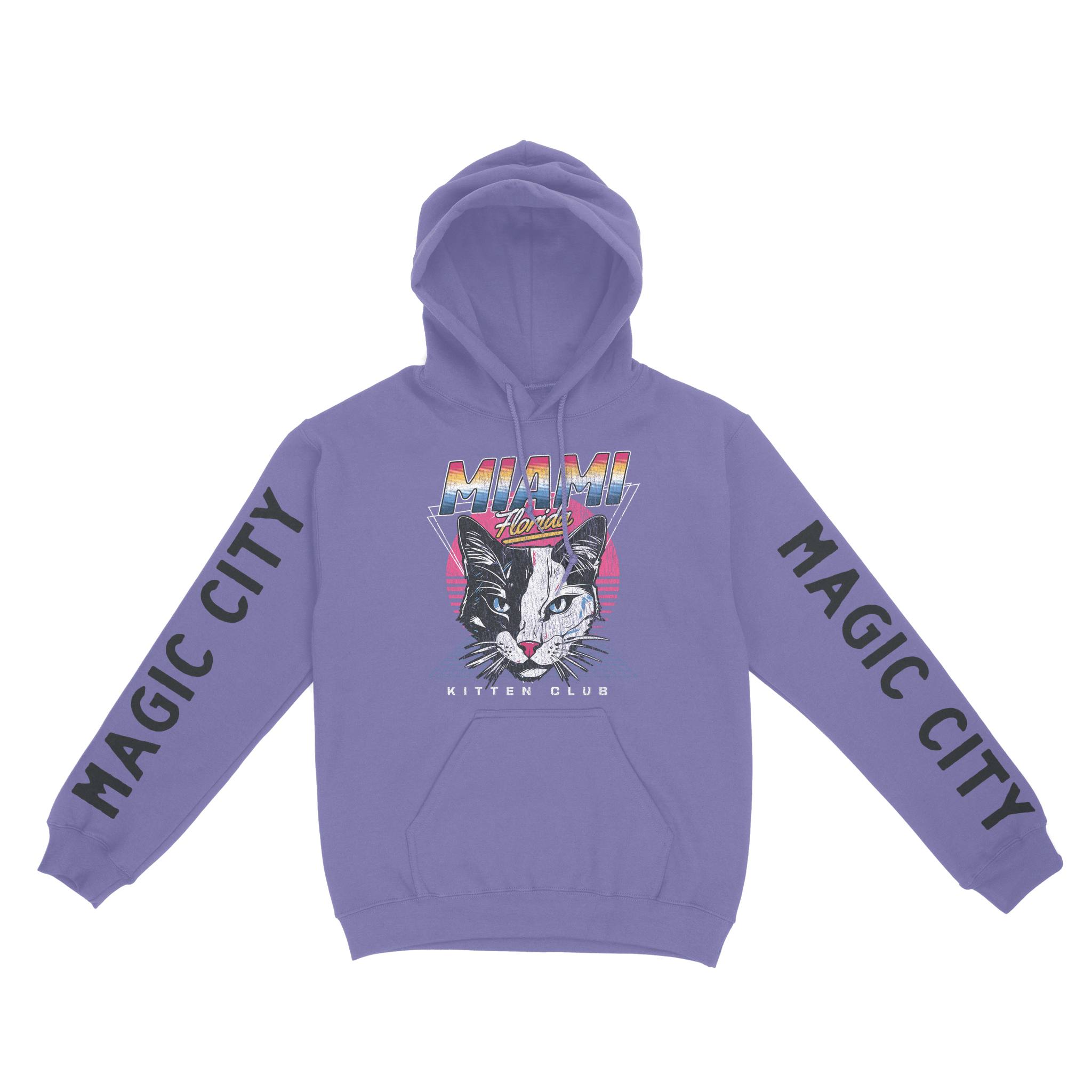 Miami Retro Kitten Club Hoodie in Violet - front view with sleeves