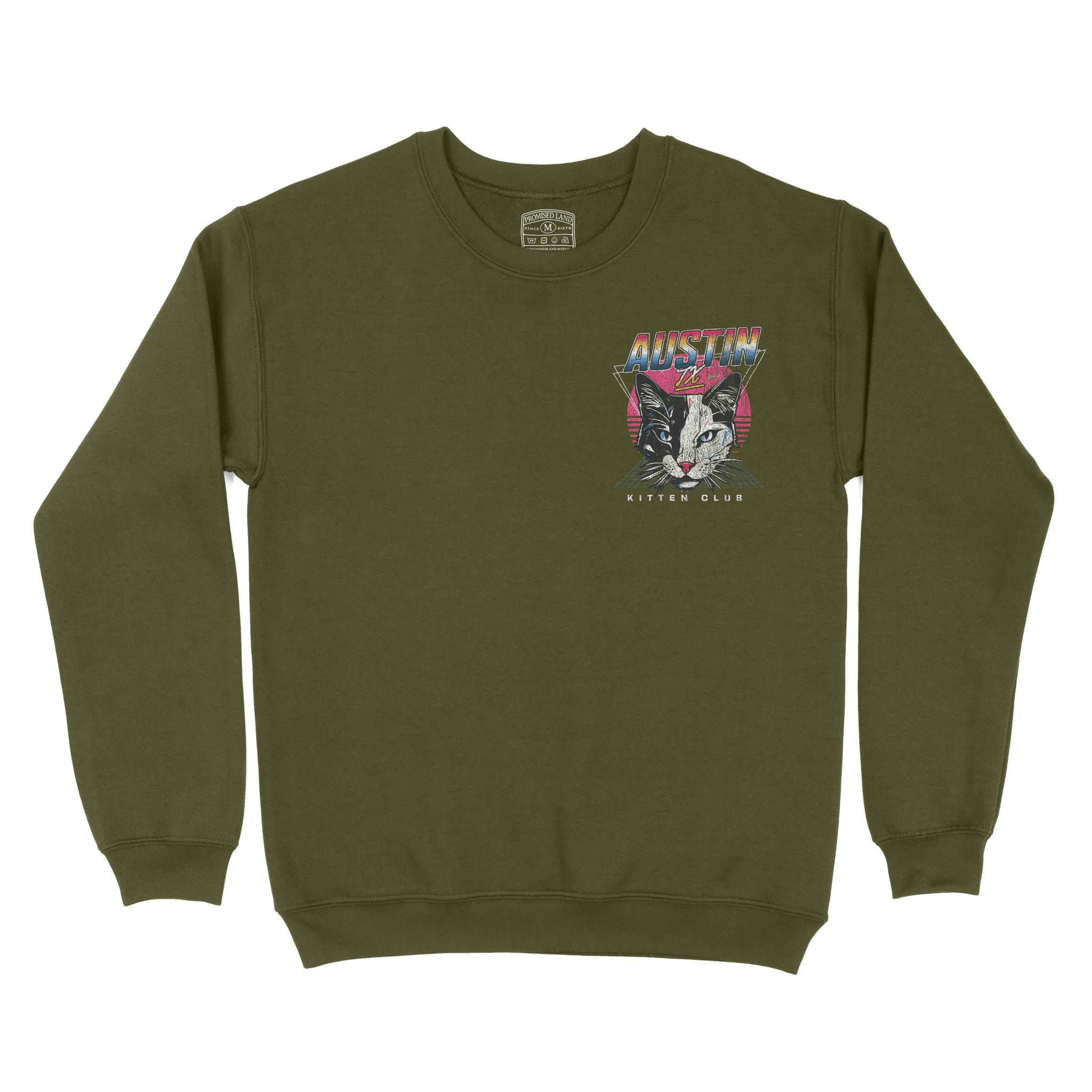 Austin Retro Kitten Club 2 Crewneck Military Green front