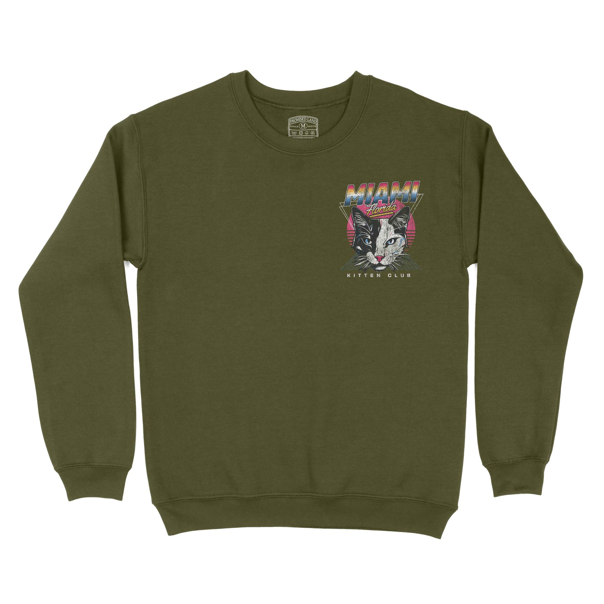Miami Retro Kitten Club 2 Crewneck Military Green front