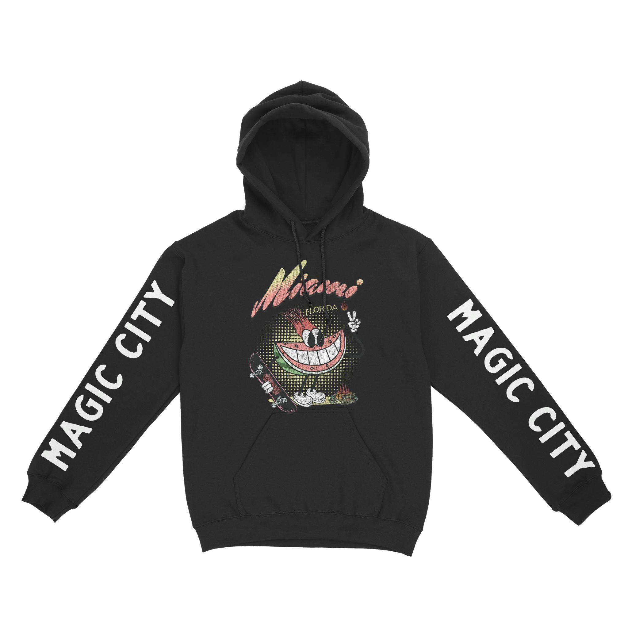 Miami Watermelon Skater Hoodie in Black - front view with sleeves