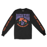 Austin Mushroom Society Longsleeve in Black - front view with sleeves