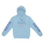 Austin Swimming Club Hoodie in Light Blue - front view with sleeves