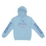 Denver Swimming Club Hoodie in Light Blue - front view with sleeves