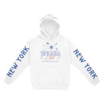 New York Swimming Club Hoodie in White - front view with sleeves