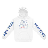 New York Swimming Club Hoodie in White - front view with sleeves