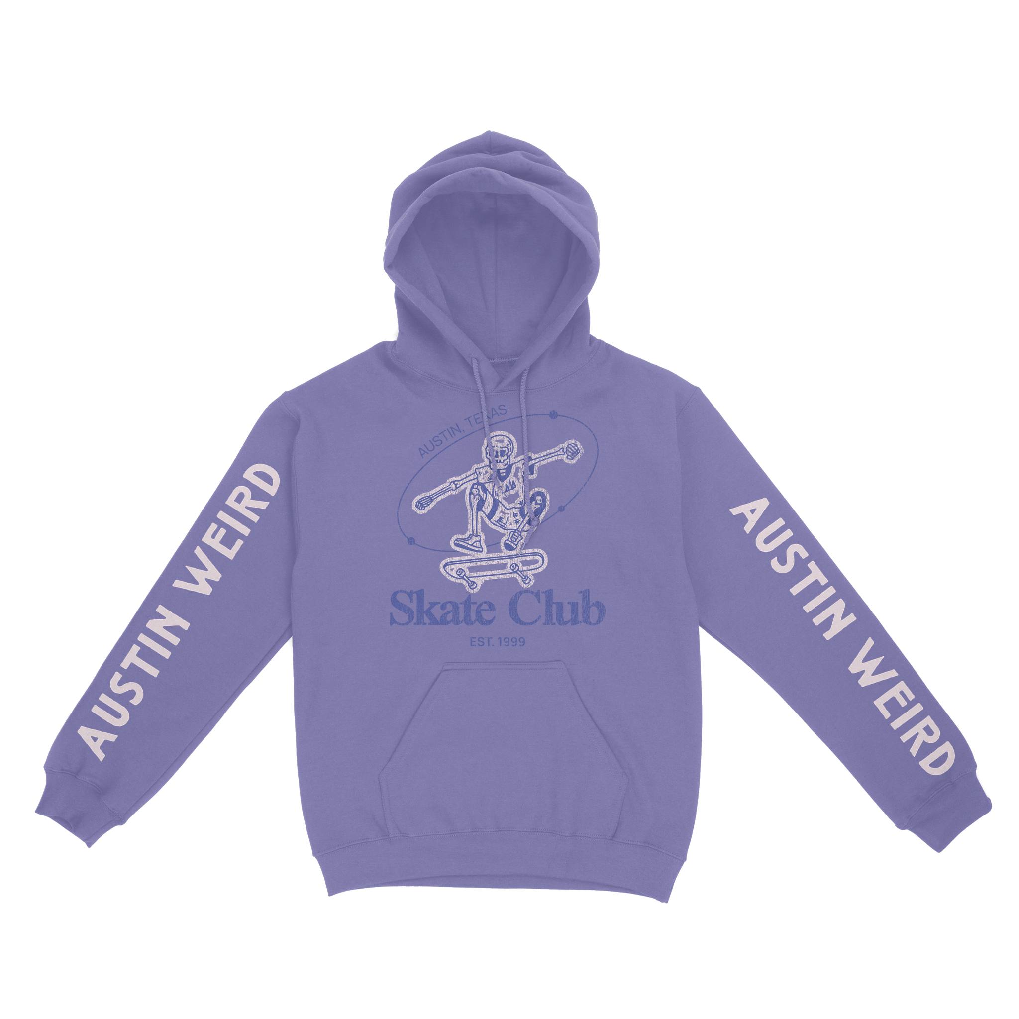 Austin Skater Skull Hoodie in Violet - front with sleeves view