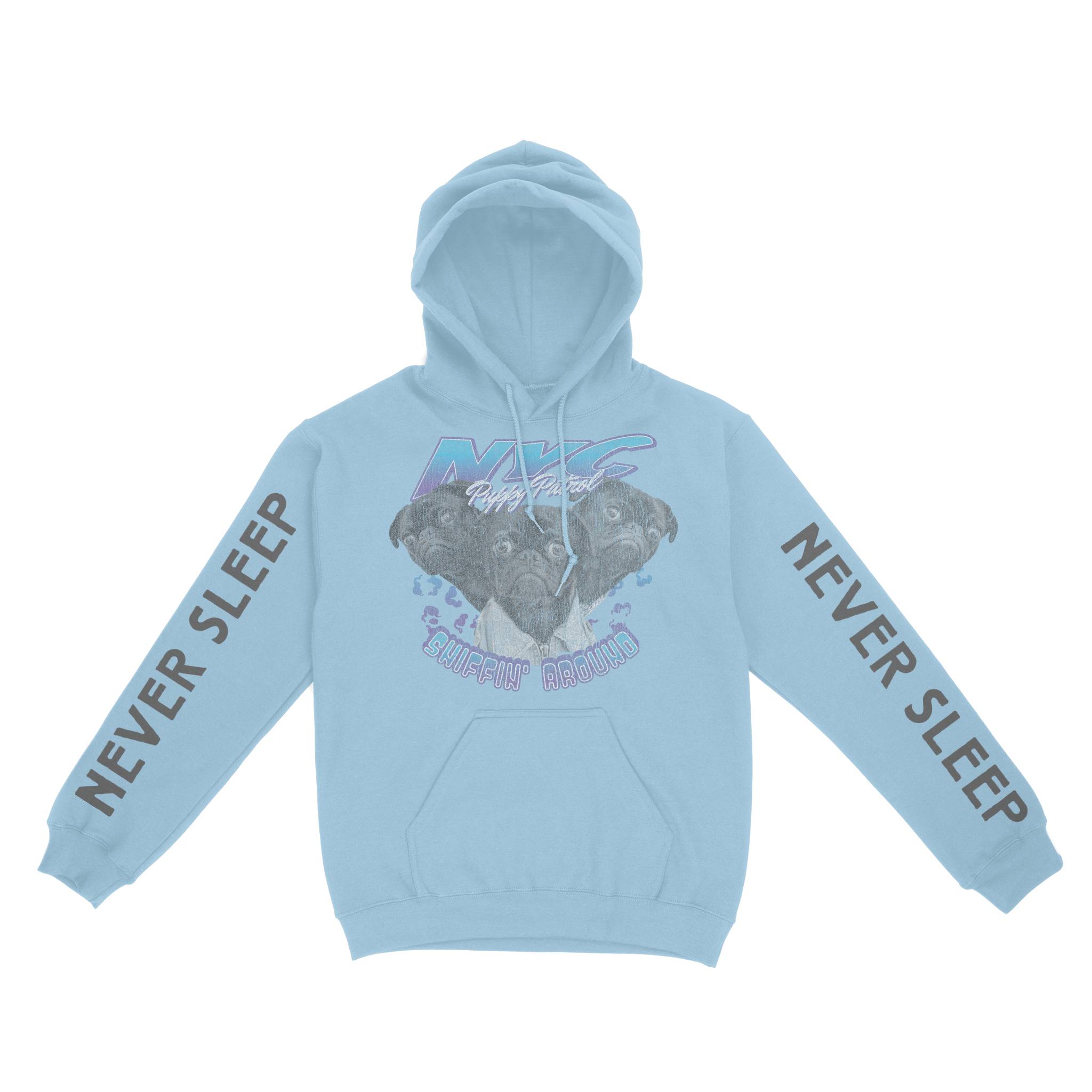 New York Hoodie in LIght Blue - front-sleeves view
