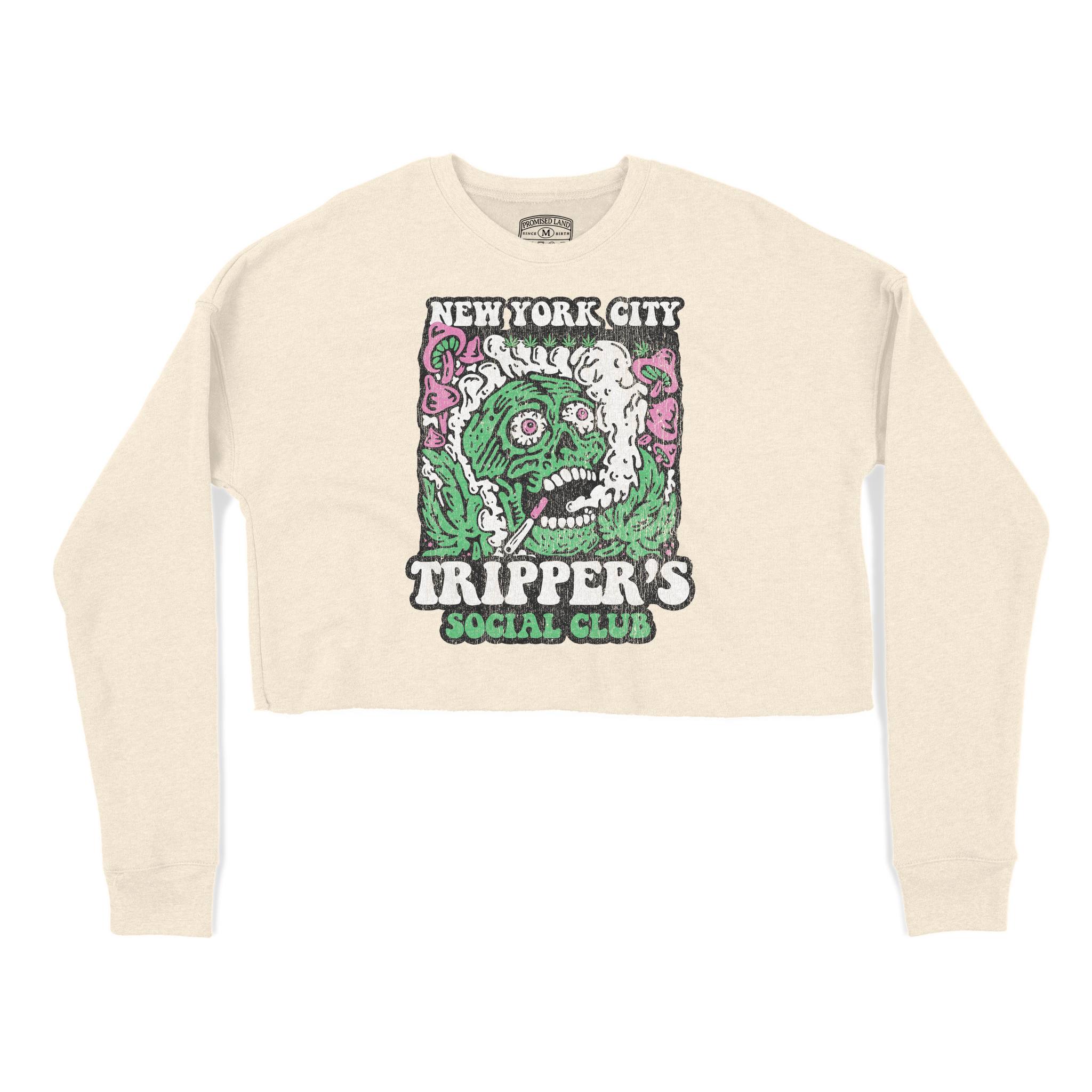 New York Psychedelic Skull Cropped Crew in Natural - front view