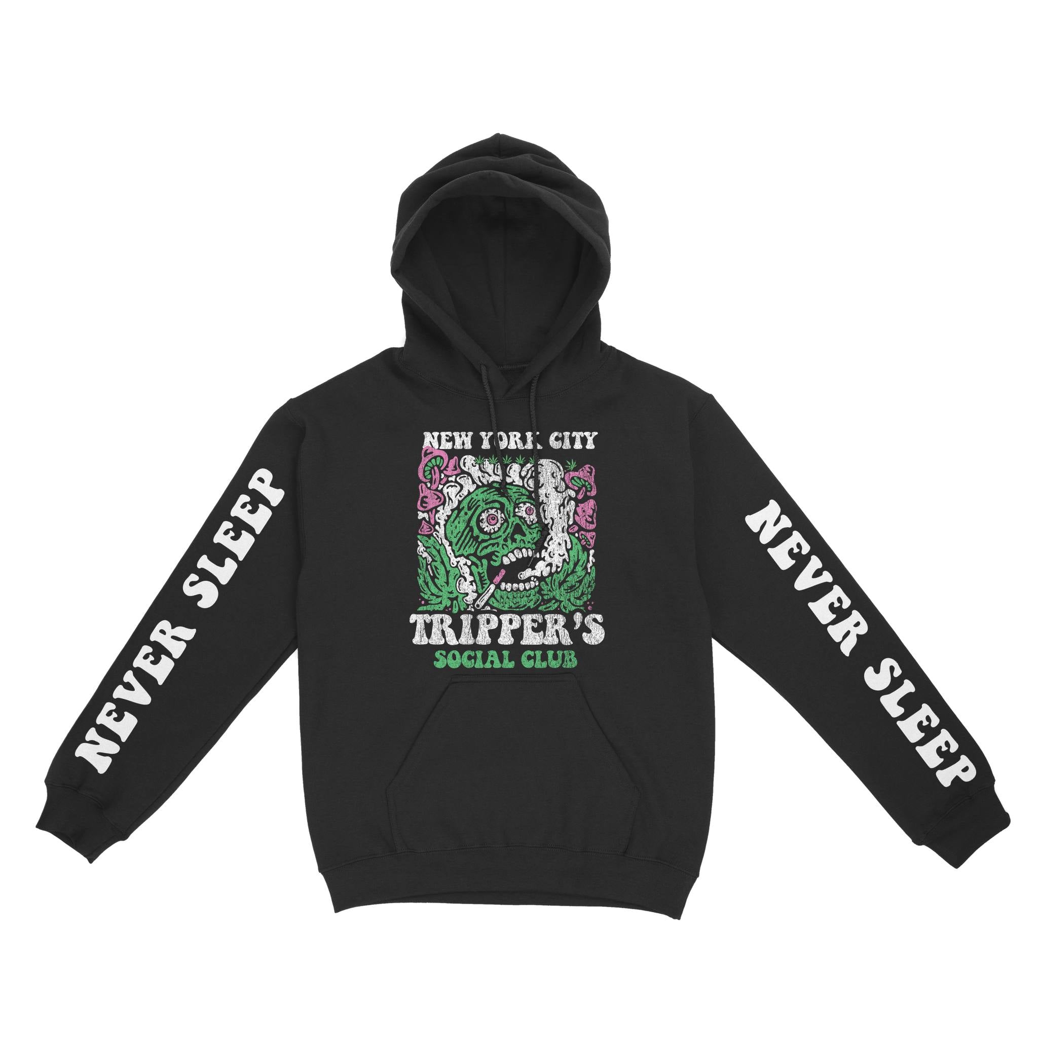 New York Psychedelic Skull Hoodie in Black - front view with sleeves