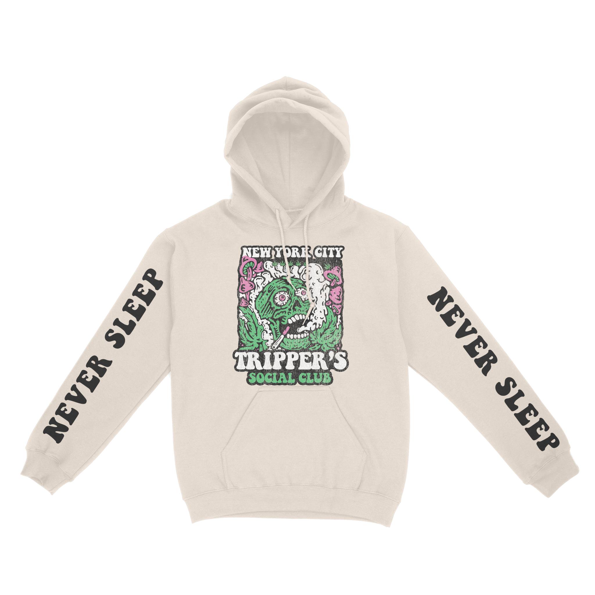 New York Psychedelic Skull Hoodie in Natural - front view with sleeves