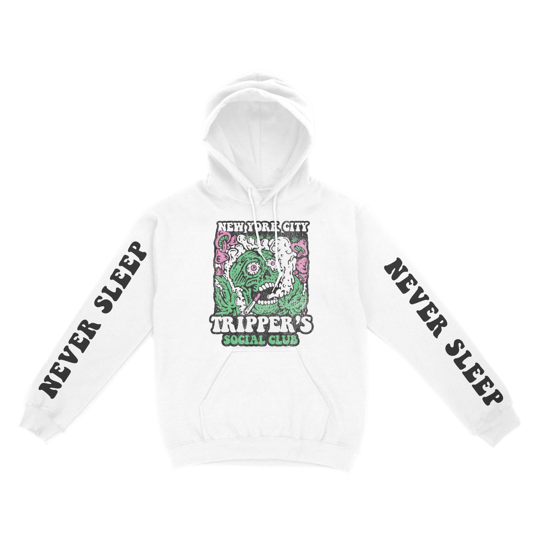 New York Psychedelic Skull Hoodie in White - front view with sleeves