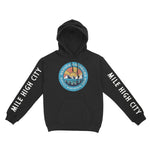 Denver Majestic Mountain Hoodie in Black - front view with sleeves