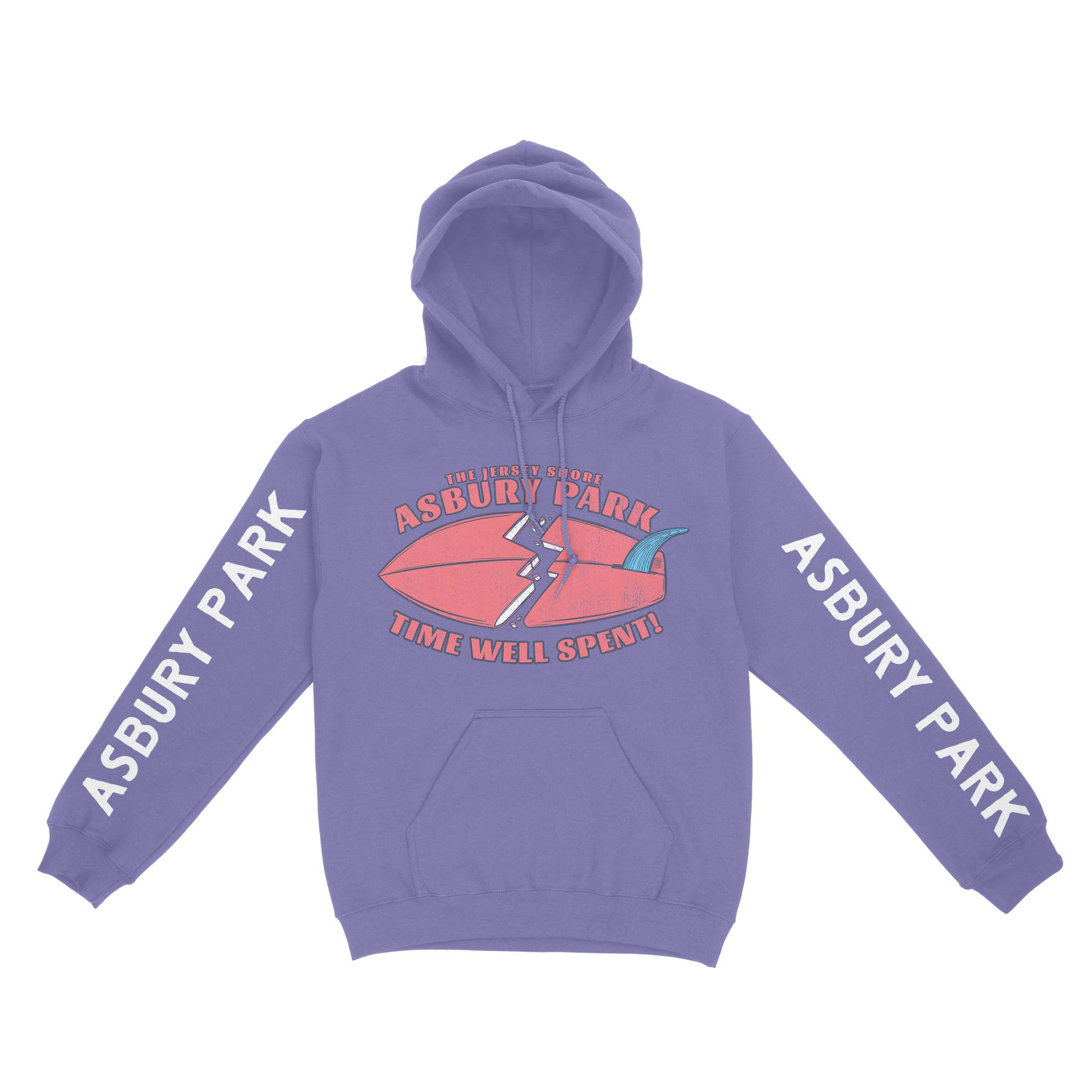 Asbury Park Surfboard 3 Hoodie in Violet - front with sleeves view