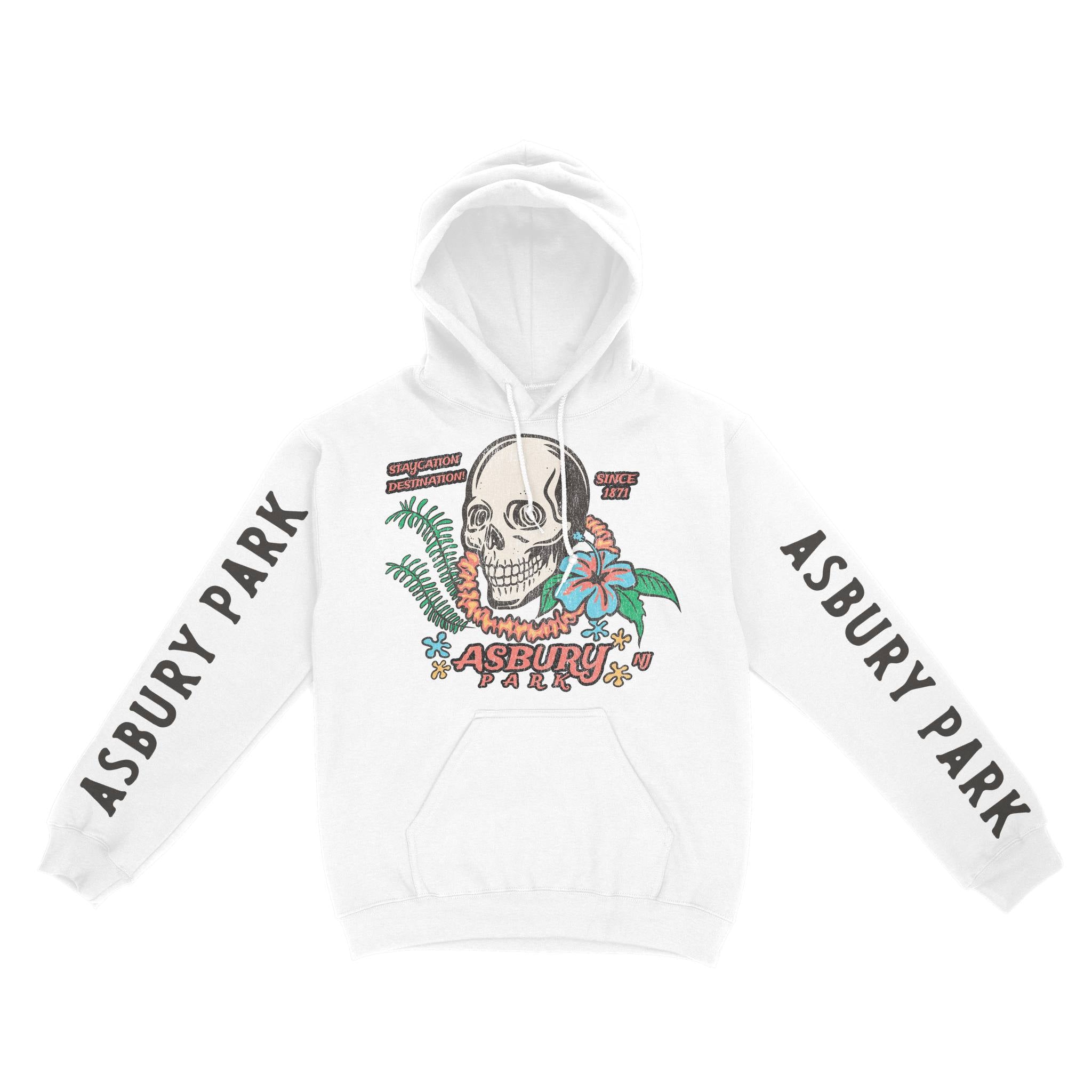 Asbury Park Skull Tropical Hoodie in White - front with sleeves view
