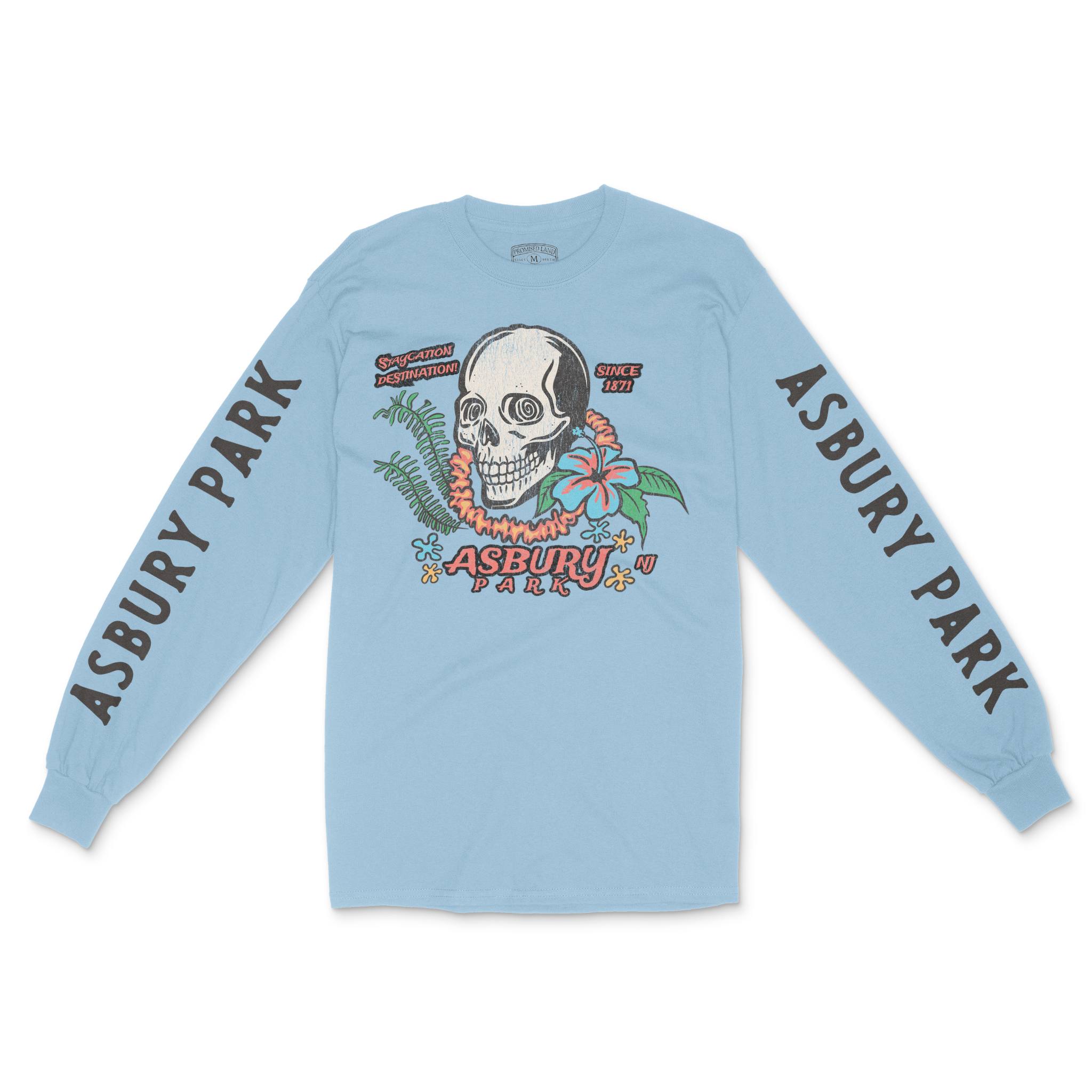Asbury Park Skull Tropical Longsleeve in Light Blue - front with sleeves view
