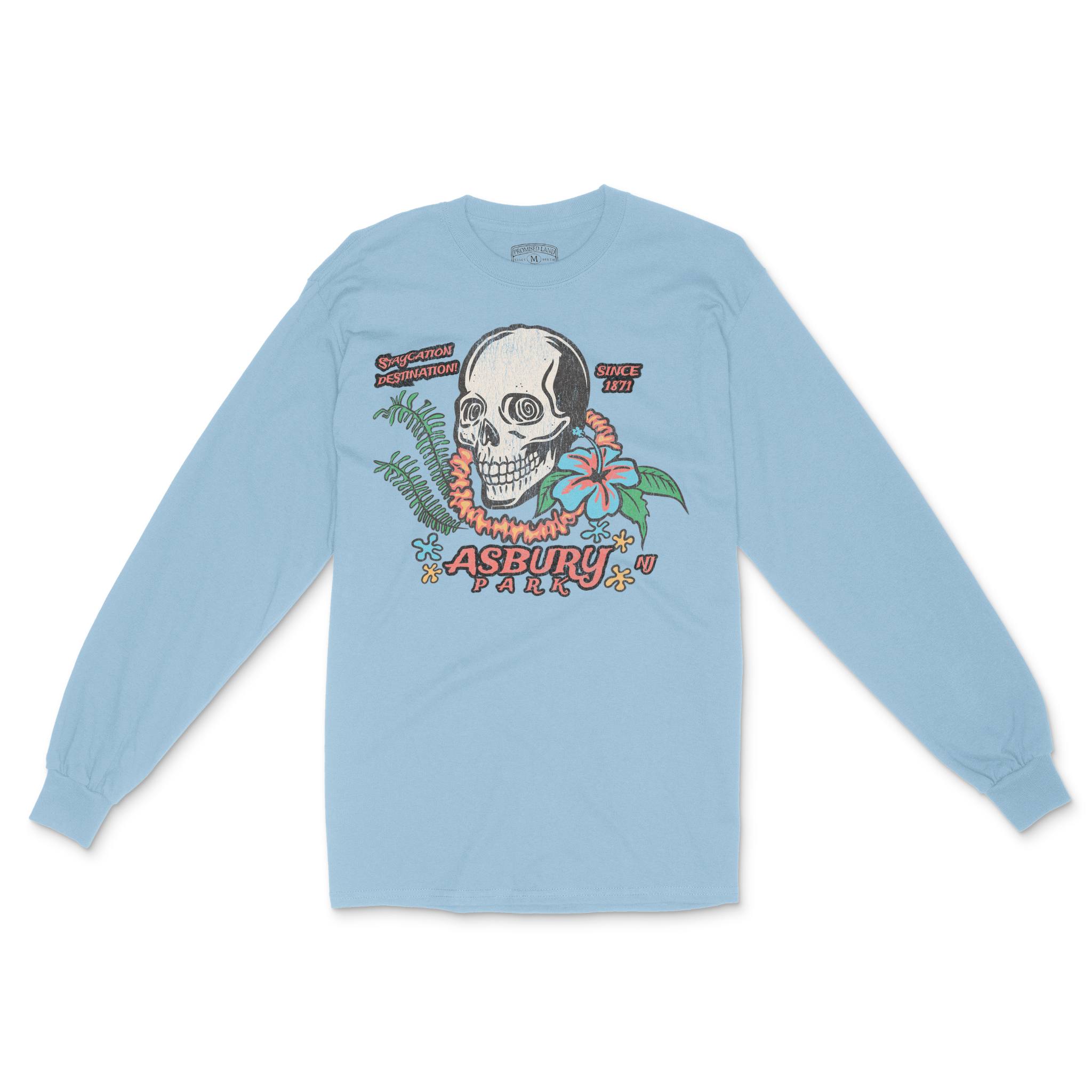 Asbury Park Skull Tropical Longsleeve in Light Blue - front view
