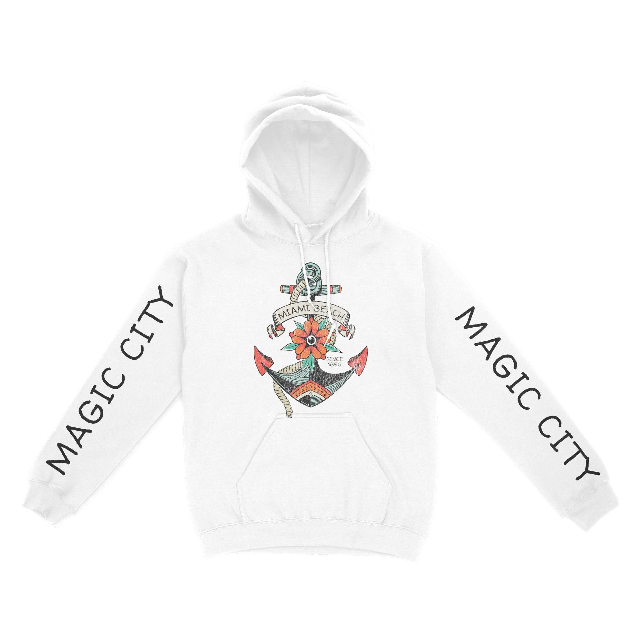 Miami Tattoo Anchor Hoodie in White - front view with sleeves