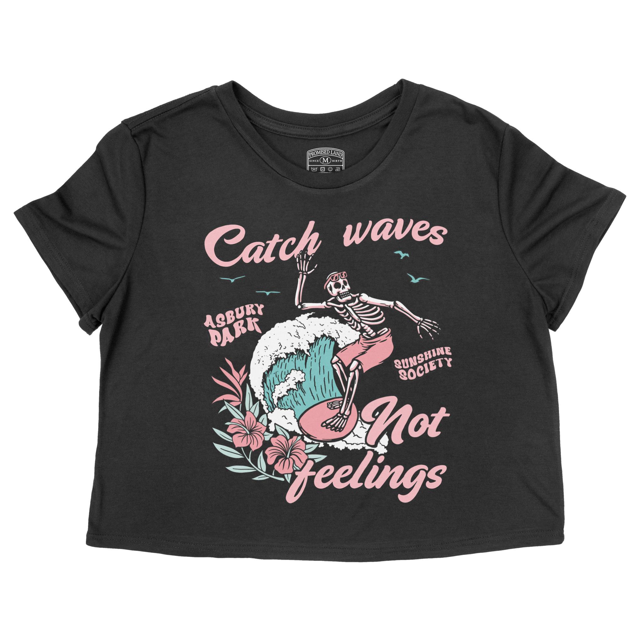 Asbury Park Catch Waves Cropped Tee in Black - front view