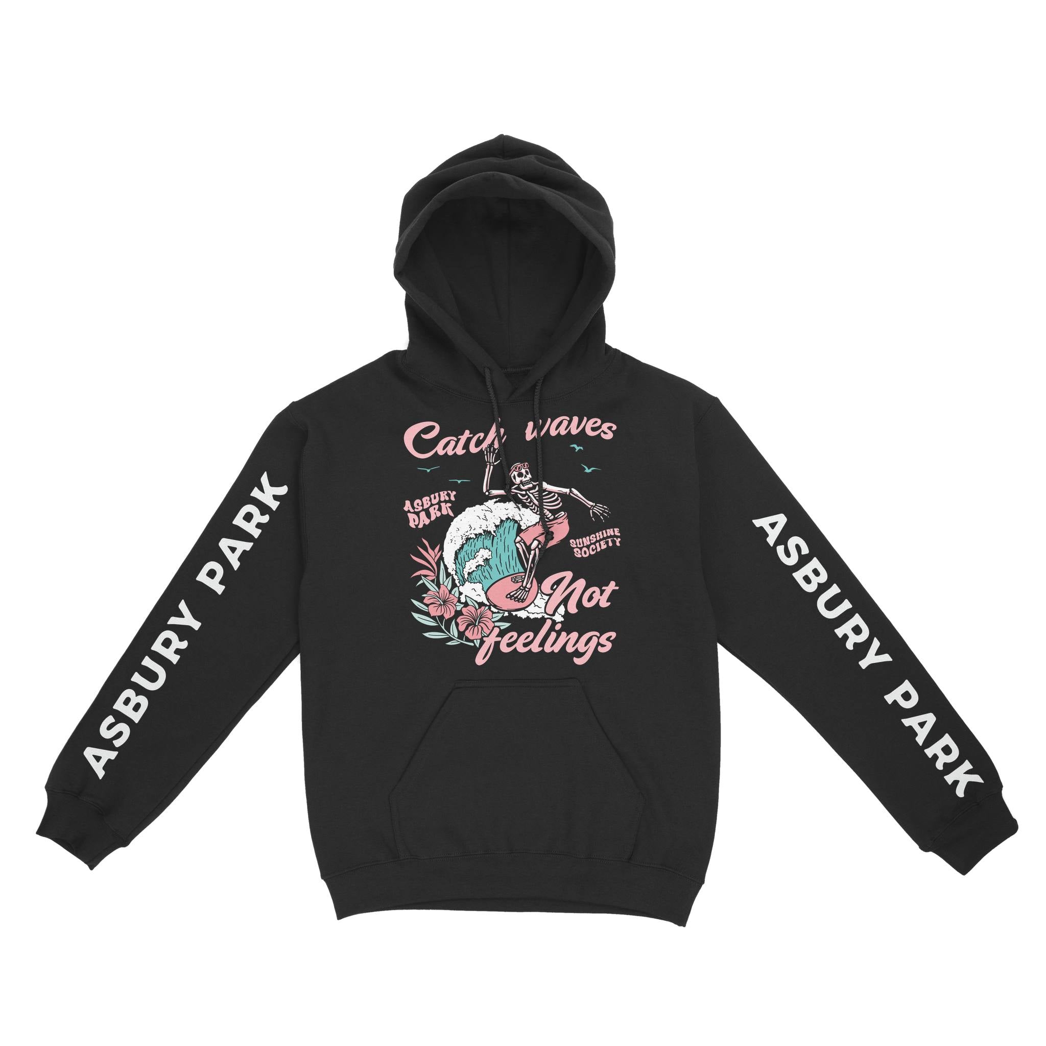 Asbury Park Catch Waves Hoodie in Black - front with sleeves view