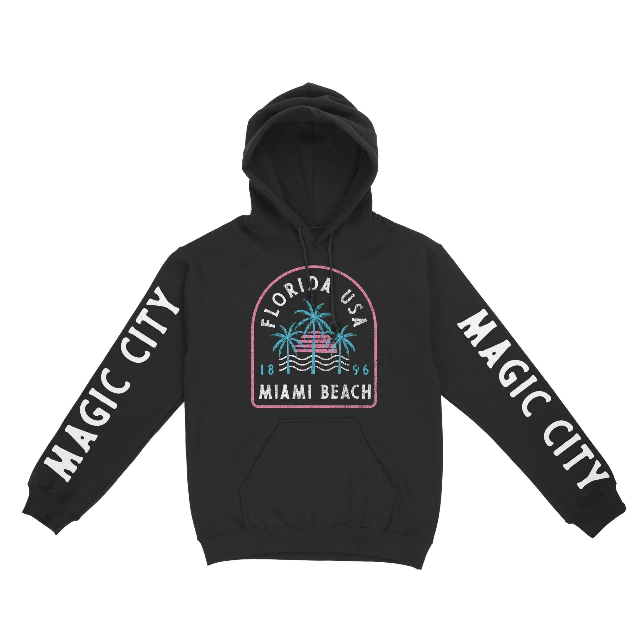 Miami 3 Palm Hoodie in Black - front view with sleeves