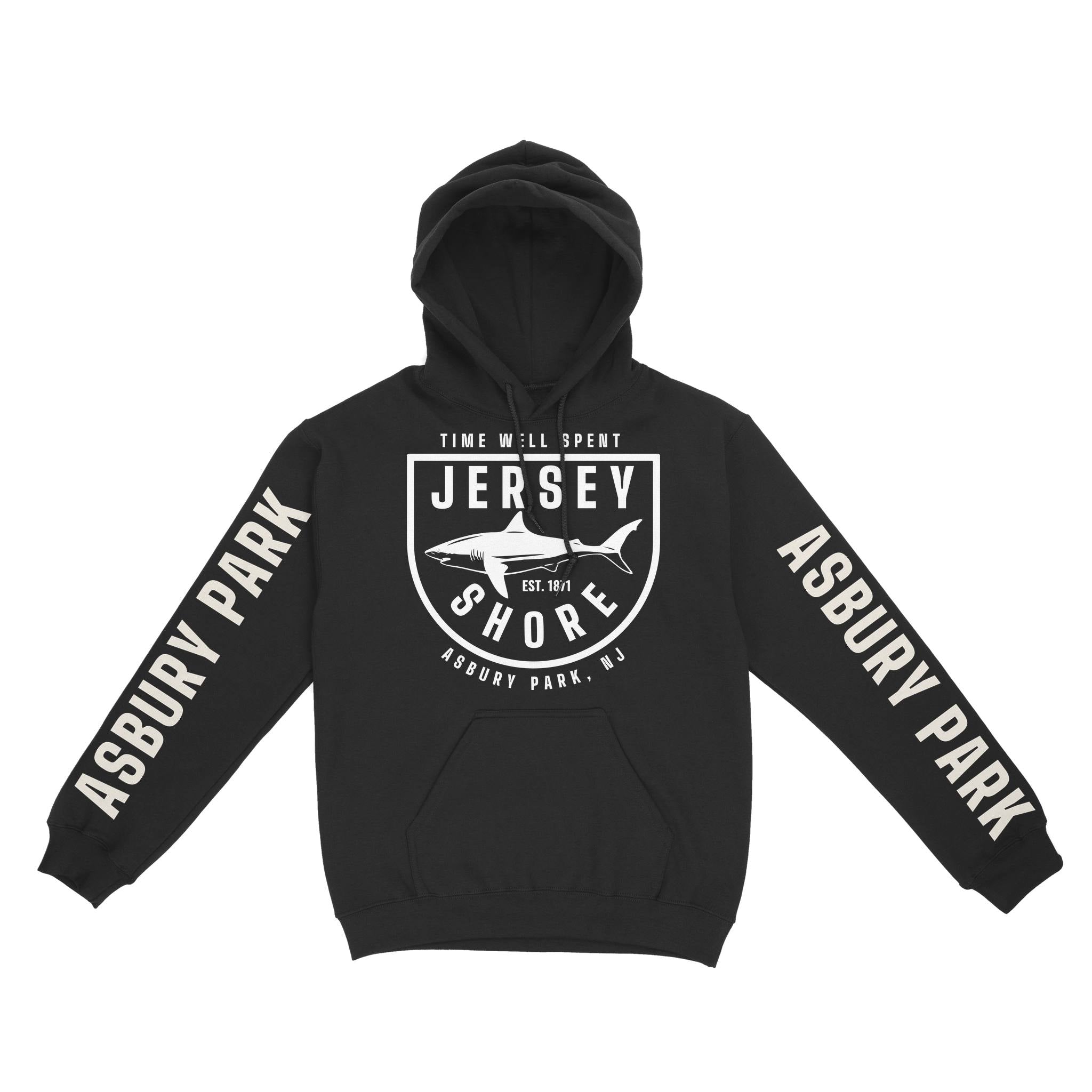 Asbury Park Shark Classic Hoodie in Black - front with sleeves view