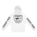 Asbury Park Shark Classic Hoodie in White - front with sleeves view