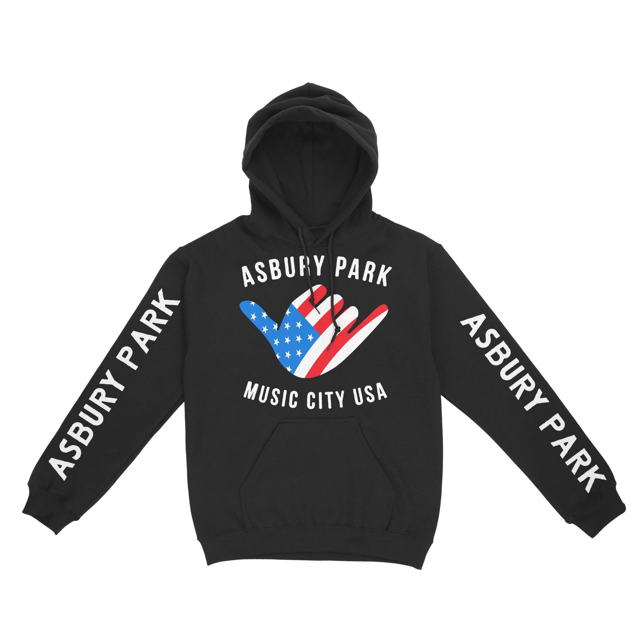 Asbury Park American Shaka Hoodie in Black - front with sleeves view