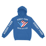 Asbury Park American Shaka Hoodie in Royal - front with sleeves view