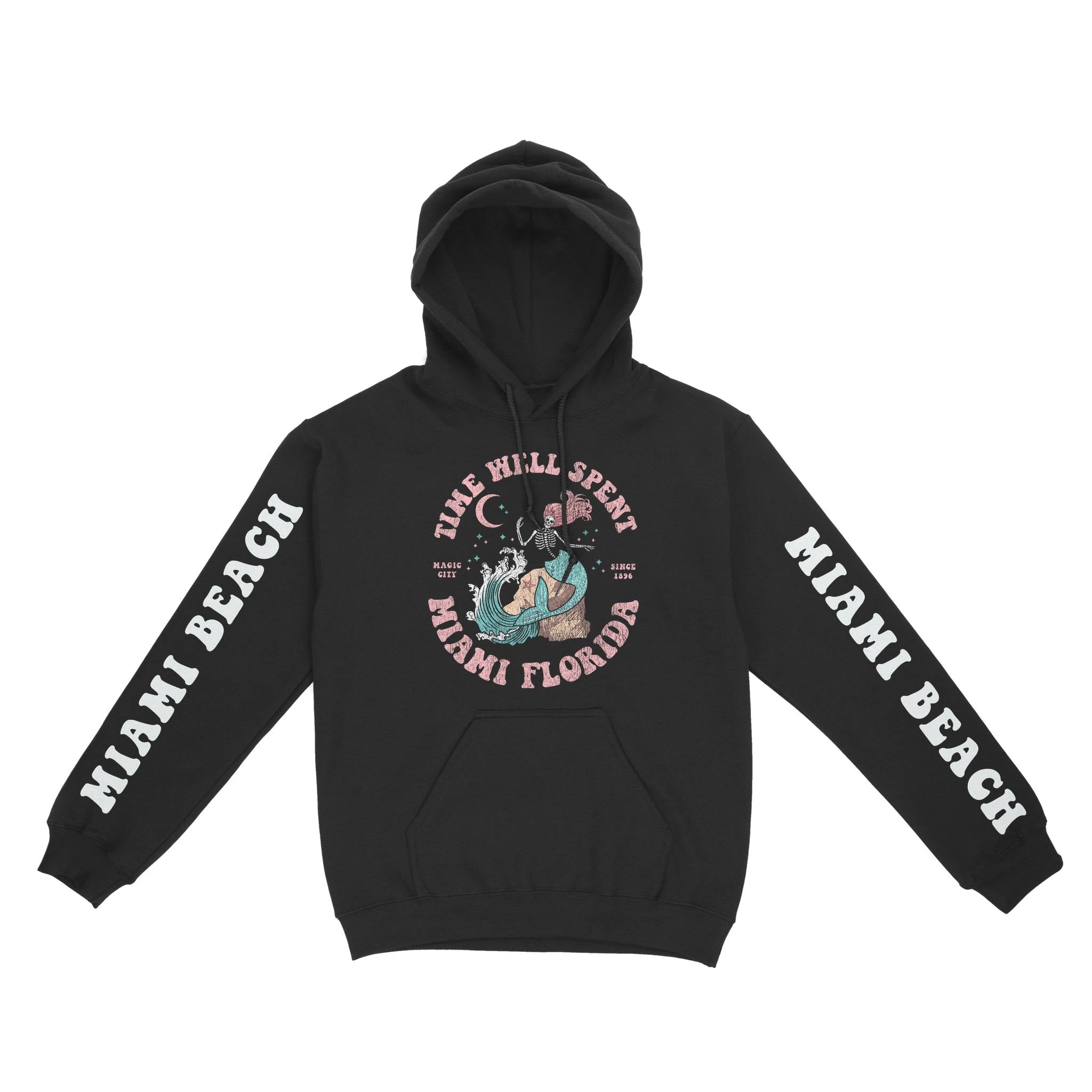 Miami Mermaid Skeleton Hoodie in Black - front view with sleeves
